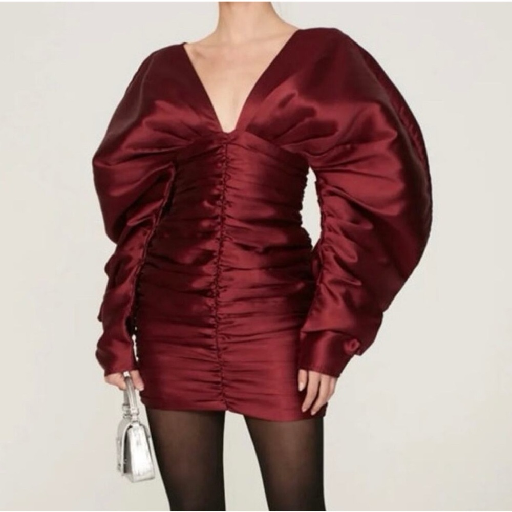 Chic Burgundy Puff Sleeve Mini Dress